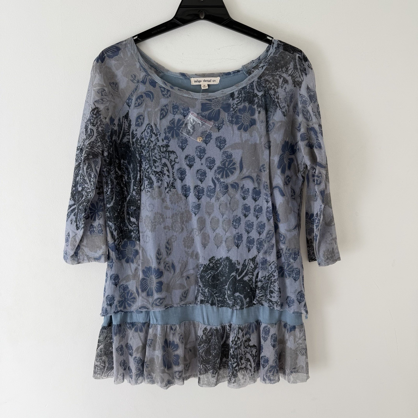 New Indigo Thread Womens Top M Blue Floral Sheer Art To Wear Lagenlook Hippie